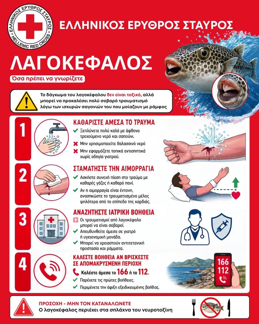 Οδηγίες για την αντιμετώπιση δαγκώματος από λαγοκέφαλο